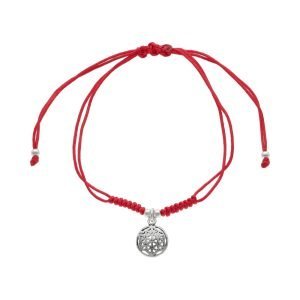 PULSERA AJUSTABLE FLOR DE LA VIDA PLATA ENVEJECIDA HILO ROJO