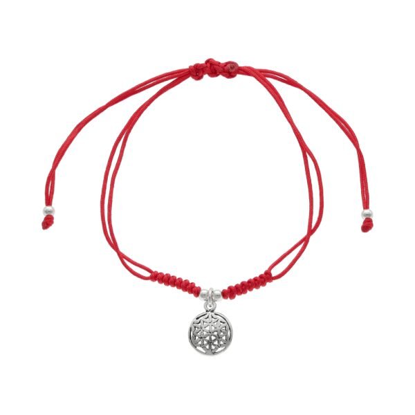 PULSERA AJUSTABLE FLOR DE LA VIDA PLATA ENVEJECIDA HILO ROJO