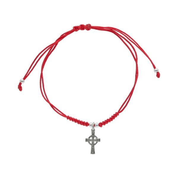 PULSERA AJUSTABLE CRUZ PLATA ENVEJECIDA HILO ROJO