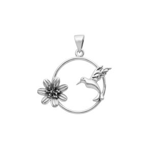 COLGANTE COLIBRÍ FLOR PLATA ENVEJECIDA