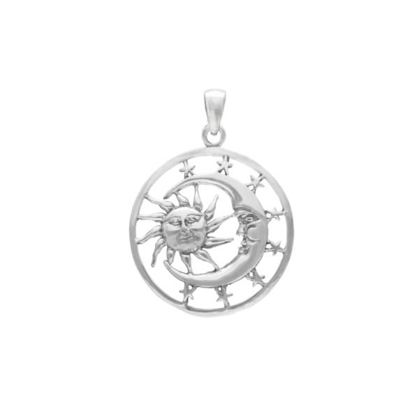COLGANTE MEDALLA LUNA SOL ESTRELLA PLATA ENVEJECIDA